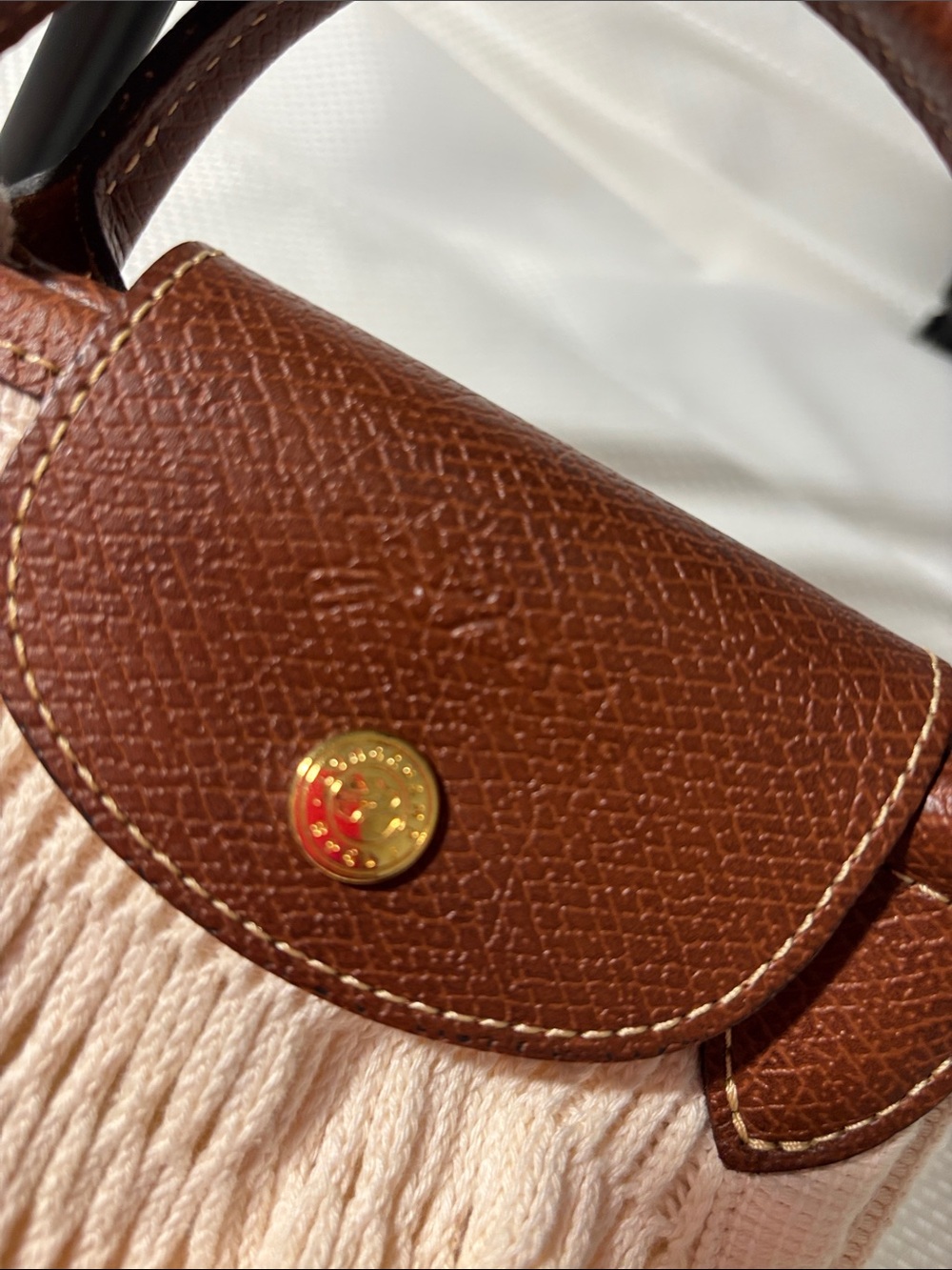 Longchamp Cream Knit Net Tote with Brown Leather Trim - Picture 2 of 5